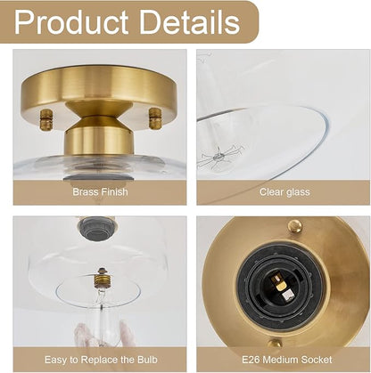 BISAMIYA Modern Gold Ceiling Light Fixture, Brass Finish Semi Flush Mount Ceiling Light with 8.66" Clear Glass Shade for Kitchen, Hallway, Entryway, Cafe