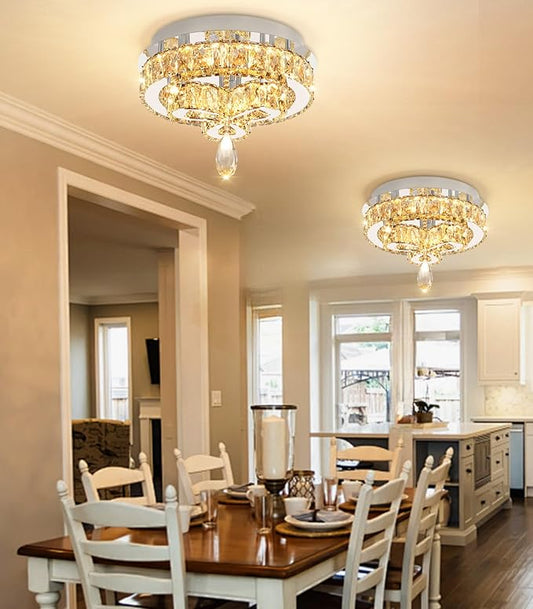 12'' Modern Crystal Chandelier LED Dimmable Flush Mount Ceiling Light Pendant Light for Hallway Living Room Bedroom Dining Room Foyer Silver