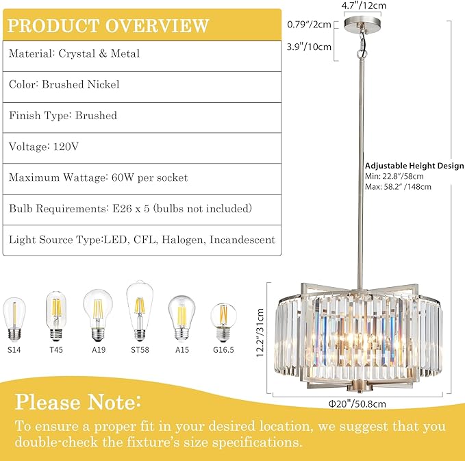 Crystal Dining Room Chandelier Light Fixture Modern Round Brushed Nickel Chandeliers for Kitchen Hallway Bedroom Foyer Living Room 5-Light 20 Inch Farmhouse Adjustable Height Hanging Light