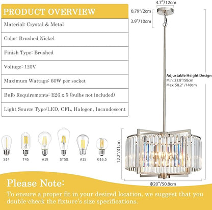 Crystal Dining Room Chandelier Light Fixture Modern Round Brushed Nickel Chandeliers for Kitchen Hallway Bedroom Foyer Living Room 5-Light 20 Inch Farmhouse Adjustable Height Hanging Light