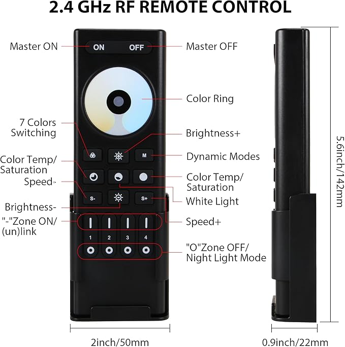 RC02RFB RF Remoter, 4-Zone 2.4G Handheld RF Remote Control Compatible with CCT LED Controller, 99ft Wireless Control 4 Channel Group Control for Home CCT LED Strip Lights