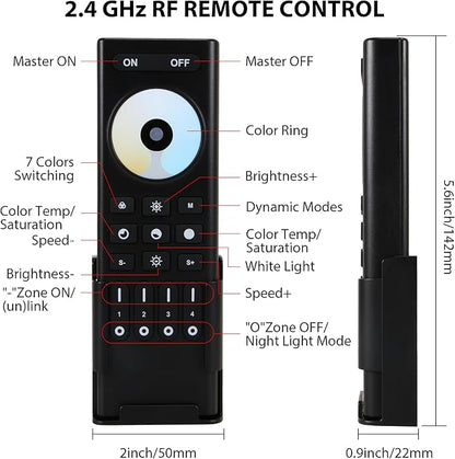 RC02RFB RF Remoter, 4-Zone 2.4G Handheld RF Remote Control Compatible with CCT LED Controller, 99ft Wireless Control 4 Channel Group Control for Home CCT LED Strip Lights