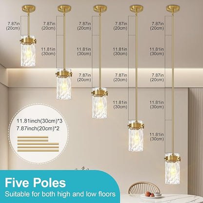 Hammered Glass Pendant Lighting for Kitchen Island 2 Pack, Modern Brushed Gold Pendant Light Fixtures 4.72", Adjustable Ceiling Pendant Light for Kitchen Island Dining Room Hallway
