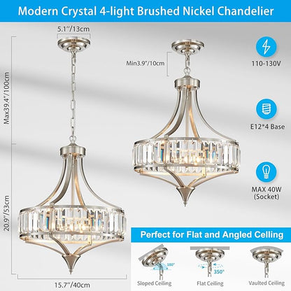 XINGQI Round Crystal Chandeliers for Dining Room Modern 4-Light Rustic Farmhouse Light Fixture Brushed Nickel Pendant Lighting for Living Room Kitchen Island Bedroom