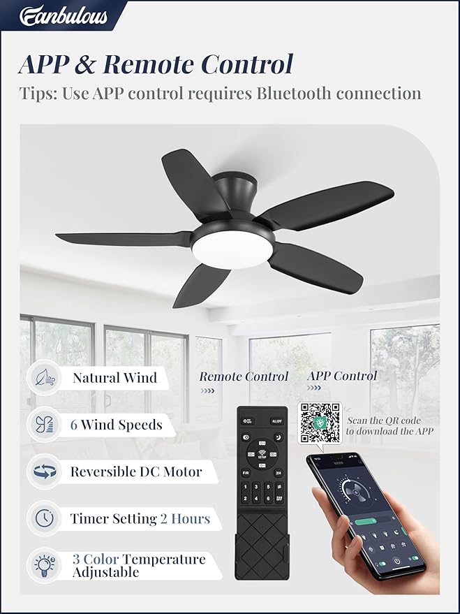 Fanbulous Ceiling Fans with Lights, 42 inch Low Profile Flush Mount Ceiling Fan with Remote/APP Control,Black Modern Ceiling Fan with LED Light for Bedroom Indoor Outdoor-LED Dimmable, 3CCT, 6 Speeds