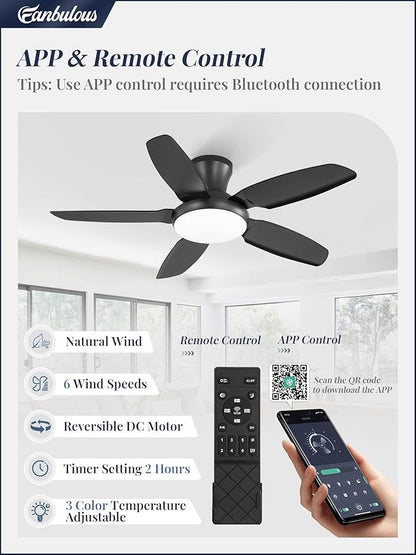Fanbulous Ceiling Fans with Lights, 42 inch Low Profile Flush Mount Ceiling Fan with Remote/APP Control,Black Modern Ceiling Fan with LED Light for Bedroom Indoor Outdoor-LED Dimmable, 3CCT, 6 Speeds