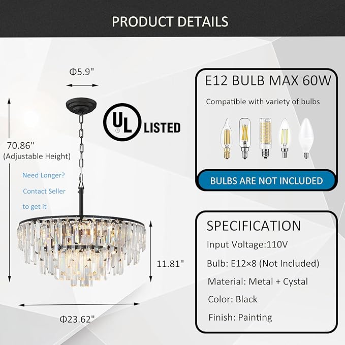 Black Crystal Chandelier for Dining Room, 24" Modern Round Top K9 Crystal Chandeliers 5-Tier 8 Lights Adjustable Ceiling Hanging Pendant Light Fixture for Living Room Bedroom Foyer