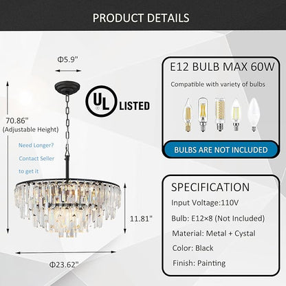 Black Crystal Chandelier for Dining Room, 24" Modern Round Top K9 Crystal Chandeliers 5-Tier 8 Lights Adjustable Ceiling Hanging Pendant Light Fixture for Living Room Bedroom Foyer