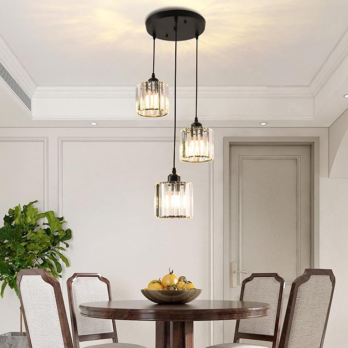 Crystal Pendant Lights Round Ceiling,Modern Crystal Chandeliers Hanging Light Fixture for Kitchen Island,Adjustable Chandelier for Dining Room,Foyer,Living Room Entryway Black 3 Lights
