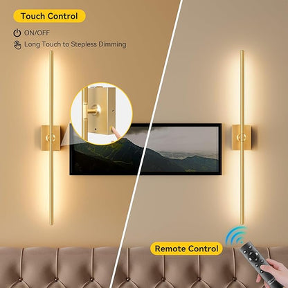 Ouyulong Battery Operated Wall Sconces Set of 2, 10000mAh Wireless Rechargeable 3000-6000K Dimmable 350° Rotate Wall Light with Remote for Living Room, Bedroom 27.6in Gold