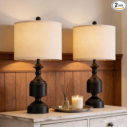 BOBOMOMO Black Lamps Set of 2-20.5" Farmhouse Metal Table Lamps for Living Room, Traditional Bedside Lamps for Nightstand with Linen Shade, Ideal for Small Spaces, Entryway Console Lamps