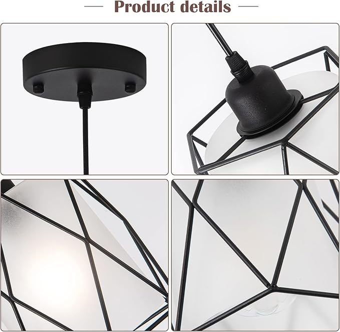 Over Sink Pendant Light with Frosted Glass Black Cage Industrial Hanging Lighting Adjustable Cord for Kitchen Island Dining Table