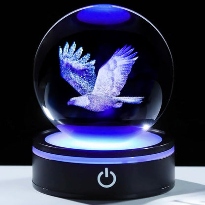 YWHL 3D Eagle Figurines Crystal Ball with Colorful Light Base, Laser Engraved Eagle Statue Sphere Gifts for Women Men, Animals Collection Ball Home Decor(80mm)