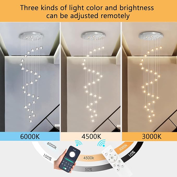 HAIXIANG 13ft Modern LED Chandeliers for Entryway Living Room Long Light High Ceiling Dining Room Light Dimmable Pendant Lighting Fixtures Chandelier for Foyer Staircase Polished Chrome
