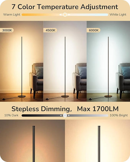 EDISHINE 59.8" Modern Floor Lamp, Minimalist Floor lamp with 3 Height Settings, 3 Color Temperature & Stepless Dimming, Remote Control, Foot Switch, Slim for Living Room, Black