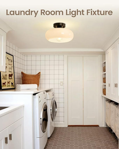 Yunnix Semi Flush Mount Ceiling Light, Black Light Fixture, Mid-Century Modern Farmhouse Milk Glass Small Light Fixtures for Hallway, Bathroom, Kitchen, Bedroom, Living Room, Closet, Laundry(11 Inch)