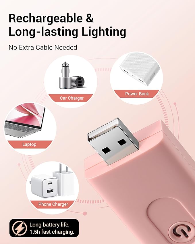 DEWENWILS USB Rechargeable Book Light, LED Clip on Reading Lights for Books in Bed at Night, Portable Bookmark Lamps, Warm White, Brightness Adjustable, Perfect for Bookworms, Kids (Light Pink)