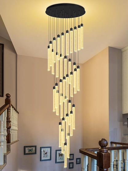 200'' Long Crystal Column Chandelier Black 36-Light Extra Large Staircase Chandelier High Ceiling Dimmable LED Ceiling Lighting Foyer Entryway Light Source is Replaceable