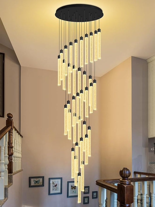 200'' Long Crystal Column Chandelier Black 36-Light Extra Large Staircase Chandelier High Ceiling Dimmable LED Ceiling Lighting Foyer Entryway Light Source is Replaceable