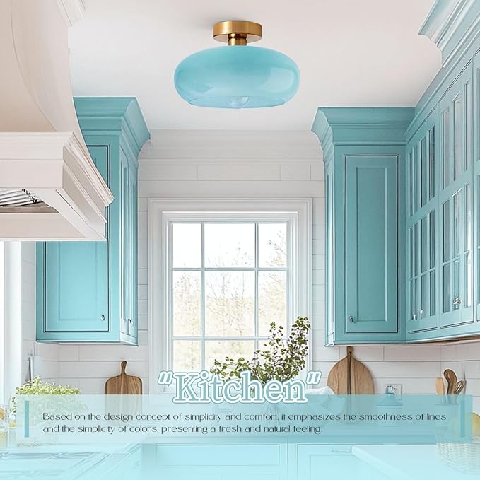 Blue Close to Ceiling Light Fixture Vintage Flush Mount Ceiling Lights 11" Round Thickened Glass Shade Gold Mid Century Semi Flush Mount Light Hallway Entrance Lighting Fixtures