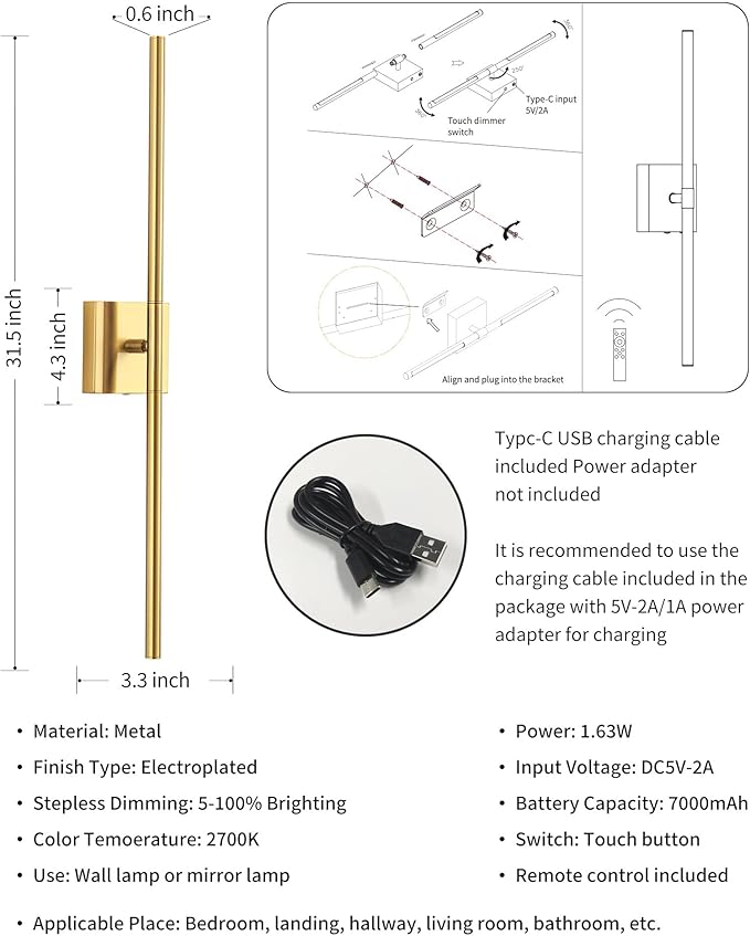 KDG Cordless Wall Sconces Set of 2, Wireless 5200mAh Rechargeable Battery Operated LED Wall Lamps with Remote, 360° Rotate Lightings for Wall Painting, Bedroom, Hallway, Night Light 31.5 inch (Gold)