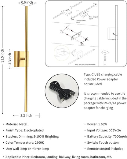 KDG Cordless Wall Sconces Set of 2, Wireless 5200mAh Rechargeable Battery Operated LED Wall Lamps with Remote, 360° Rotate Lightings for Wall Painting, Bedroom, Hallway, Night Light 31.5 inch (Gold)