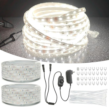 100FT(2 Rolls of 50FT) Flat Rope Lights, Outdoor LED Rope Lighting Waterproof(Not for Dimmer & Adapter), White Strip Light for Bedroom, Dimmable 12V Low Voltage