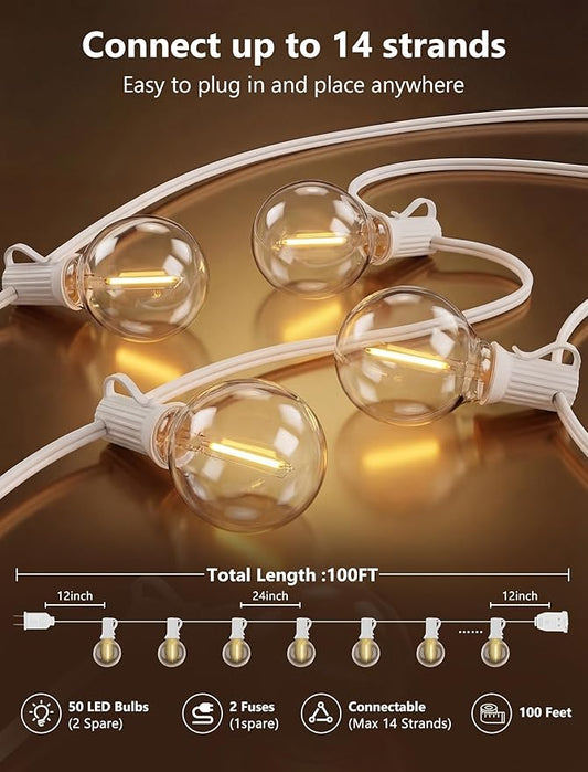 100FT G40 LED White String Lights Outdoor, Connectable Patio Globe String Lights with 52 Shatterproof LED Bulbs, Waterproof Backyard Hanging Lights for Wedding Porch Garden Bistro Deck Balcony Decor