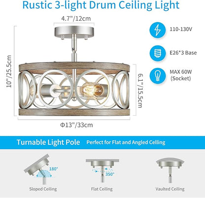 XINGQI 13" Modern 3-Light Brushed Nickel Rustic Semi Flush Mount Ceiling Light Fixture Wood Grain Metal Round Lamp for Kitchen Dining Room Bedroom Entryway