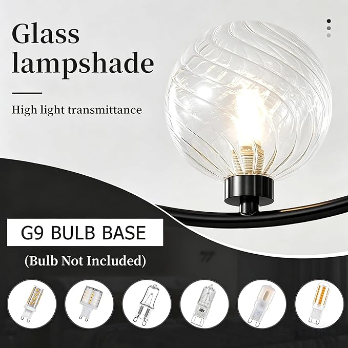 3-Head Black Modern Chandelier with 3 Clear Glass Globe Bulbs, Chandelier, Elegant Lamps with Black Accents, Ceiling Light for Living Room Kitchen Island Bedroom Entryway