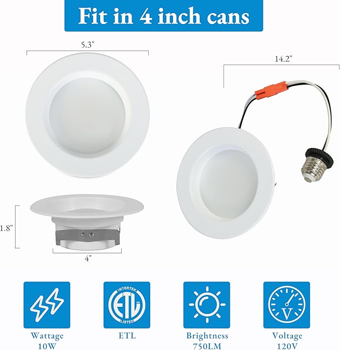 KSANA Recessed Lighting 4 Inch, 5CCT White LED Can Lights for Ceiling, 5 Colors Selectable-2700K/3000K/3500K/4000K/5000K, 10W Eqv 60W, Dimmable Retrofit Downlight with Baffle Trim