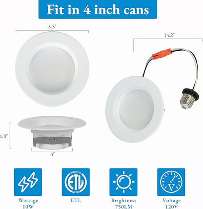 KSANA Recessed Lighting 4 Inch, 5CCT White LED Can Lights for Ceiling, 5 Colors Selectable-2700K/3000K/3500K/4000K/5000K, 10W Eqv 60W, Dimmable Retrofit Downlight with Baffle Trim