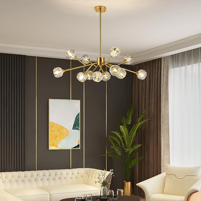 Weesalife Sputnik Chandeliers Modern Crystal Pendant Lighting Gold Chandelier 12 Lights Mid Century Ceiling Light Fixtures for Dining Room Kitchen Island Living Room Bedroom Bar