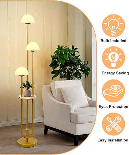 Gold Dimmable Floor Lamp with Table, Modern Floor Lamps with Mushroom Shades for Living Room, 3000K Warm White Tall Standing Lamp with Bulbs& 5Lbs Heavy Base for Bedroom/Office
