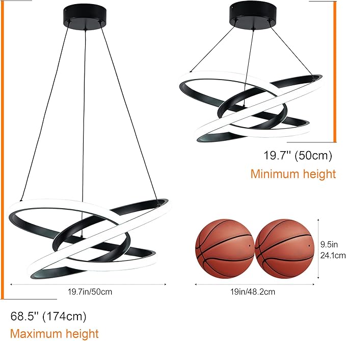 MAYNA Modern Ring Chandelier for Dining Room,Dimmable LED Pendant Light with Remote, Irregular Light Fixture for Kitchen Island Over Table, 3 Color Changeable Hanging Lamp, Black 19.7 inch