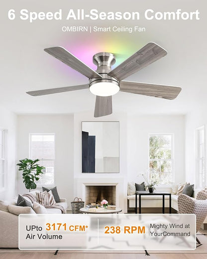 42 Inch Ceiling Fans with Lights, Smart Ceiling Fan with Alexa Google App, Nickel Ceiling Fan with RGB Lights Remote, 6 Speeds Reversible DC Motor, Modern Flush Mount for Bedroom Living Room