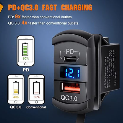 Nilight 5 Gang Rocker Switch Box 12V SPST ON Off Switches PD Type C and QC 3.0 USB Charger Voltmeter Waterproof Aluminum Panel DIY Stickers for Boats Cars RVs Trucks