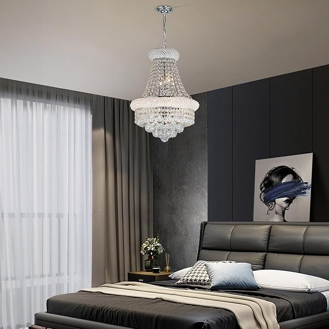 Crystal Chandeliers for Dining Room Light Fixtures Over Table, Empire Style K9 Crystal Chandelier for Living Room, 6 Lights Chrome Luxury Lighting Fixtures for Bedroom Kitchen Island Entryway D15 Inch