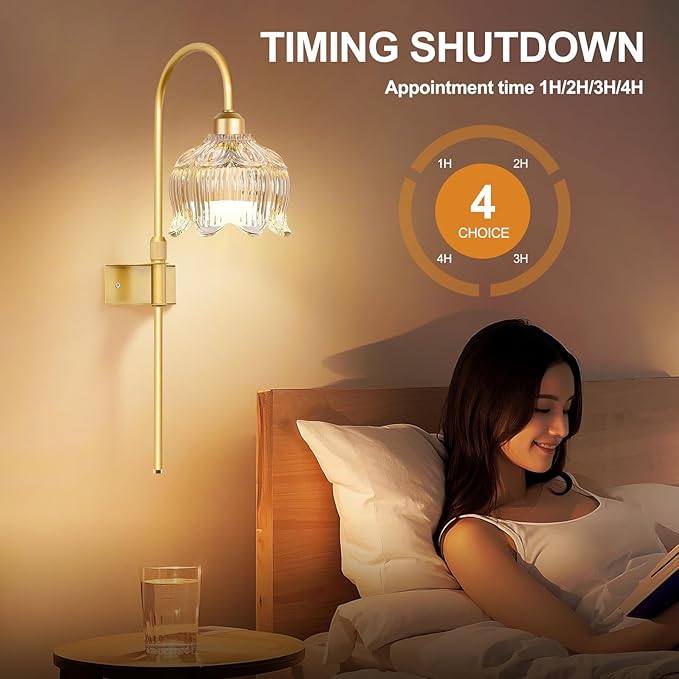 Vintage Battery Operated Wall Sconce with Flower Glass lampshade,Dimmable Battery Operated Wall Sconces Set Of Two,Rechargeable Battery Wall Lights lamp with13 Colors for Bedroom Living Room Hallway