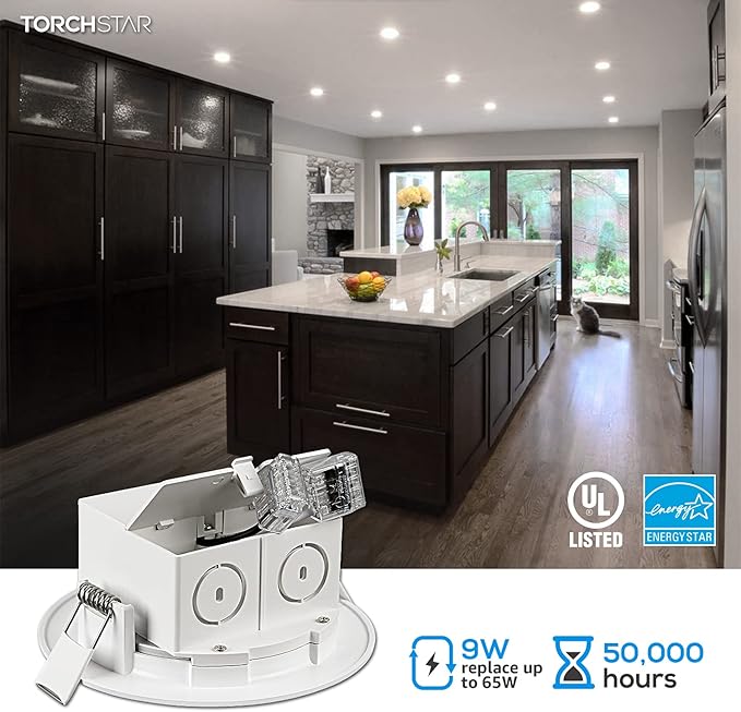 TORCHSTAR 4 Inch Integrated LED Recessed Ceiling Light with Junction Box, 9W Dimmable Downlight, 5000K Daylight, Airtight, UL & Energy Star Listed, Pack of 4