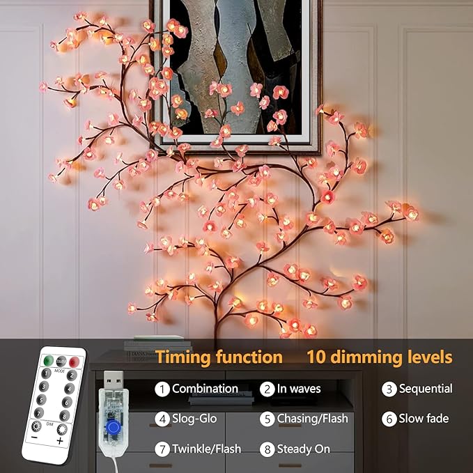 FNHMSL Cherry Enchanted Willow Vine Lights, 5.25FT 72LED Pink Cherry Blossom Tree Branch Lights for Wall, Remote Timer,8 Light Model,Bedroom Wall Doors Wedding, Christmas, USB Battery Box