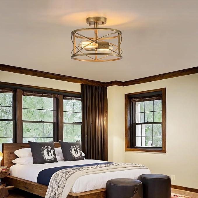 2-Light Semi Flush Mount Brushed Brass Ceiling Light Fixture, Farmhouse Industrial Metal Cage with Adjustable Height, Dimmable for Hallway Entryway Kitchen Bedroom Foyer Laundry Low Ceiling