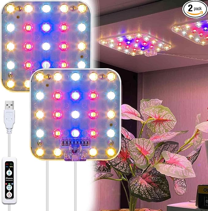 Full Spectrum LED Grow Light for Indoor Plants, 2 Panels 10W with 6/12/16h Timer Dimmable Plant Lights for Flower Veg Plant Growth USB, Pinkish White, 2-Pack
