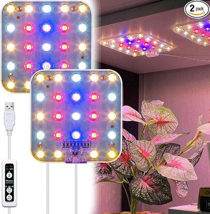 Full Spectrum LED Grow Light for Indoor Plants, 2 Panels 10W with 6/12/16h Timer Dimmable Plant Lights for Flower Veg Plant Growth USB, Pinkish White, 2-Pack