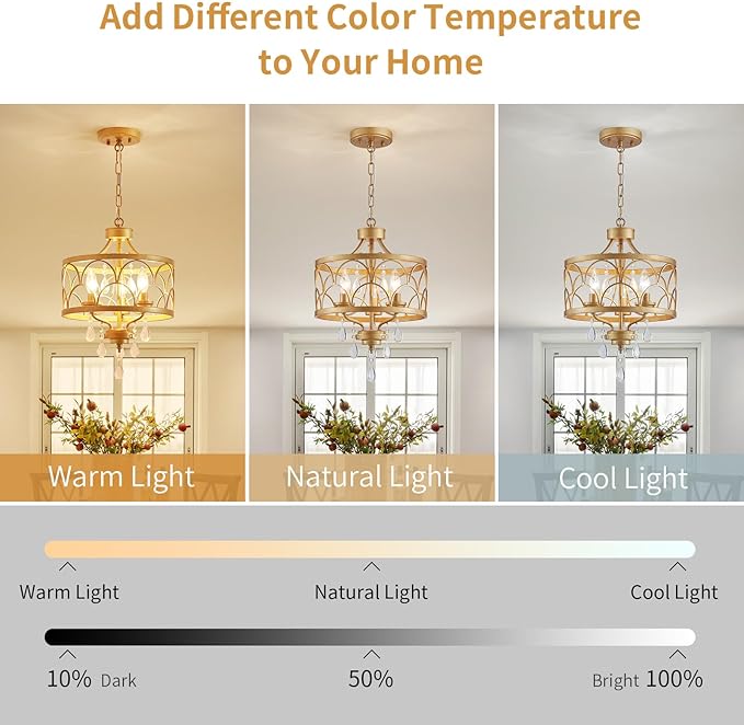 Small Crystal Chandelier, Modern Gold Crystal Chandeliers for Dining Room, Rustic Farmhouse Round Ceiling Pendant Light Fixture for Living Room, Entryway, Hallway, Bedroom, Bathroom