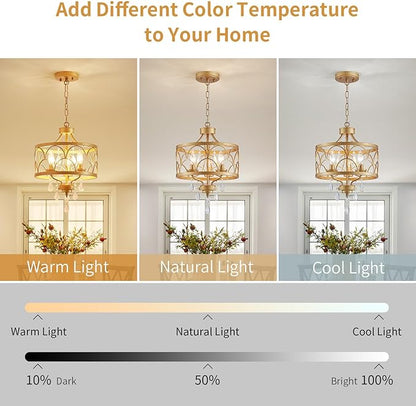 Small Crystal Chandelier, Modern Gold Crystal Chandeliers for Dining Room, Rustic Farmhouse Round Ceiling Pendant Light Fixture for Living Room, Entryway, Hallway, Bedroom, Bathroom