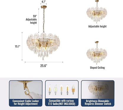 26-inch Crystal Chandelier,10-Light Modern Luxury Chandelier for Dining Room,Living Room,Entryway,Foyer,Bedroom,59" Adjustable Height Chain,25.6"x15.7"