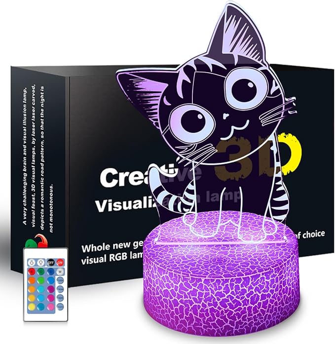 3D Cat Night Light Gifts for Kids 16 Color Change Decor Bedside Lamp with Remote and Smart Touch, Gifts for Christmas Birthday Boys Girls