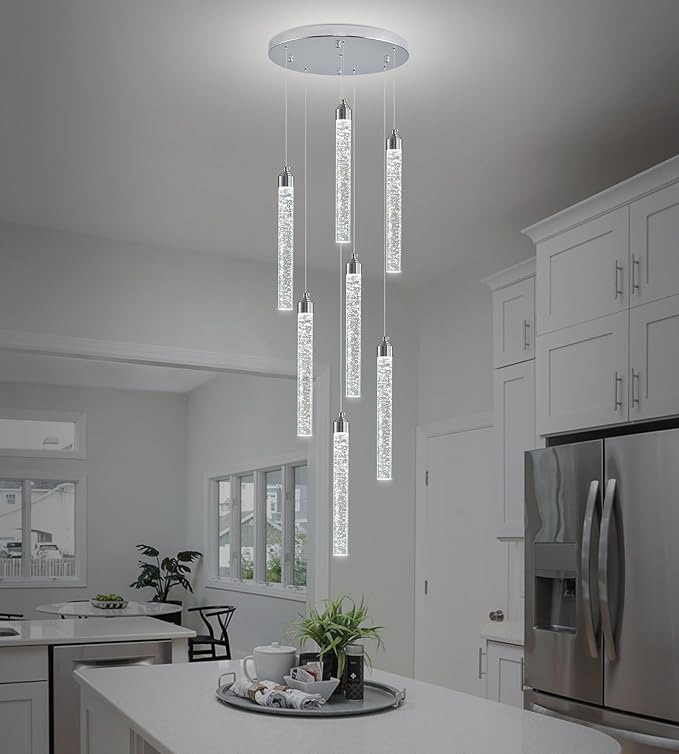 Crystal Staircase Chandelier, Modern Chrome Spiral Dimmable LED Cluster Raindrop Foyer Chandelier Lighting, Bubble Living Room Hanging Light Fixture 7 Light Remote Control