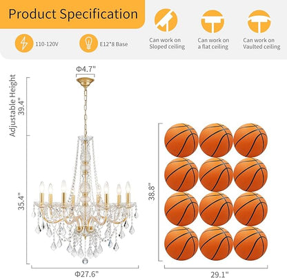WUZUPS 8-Light Crystal Candle Chandelier Pendant Ceiling Light Modern Lighting Fixture for Bedroom Hallway Bar Kitchen Bathroom, H 35.4" W 27.6", E12 Base, Gold